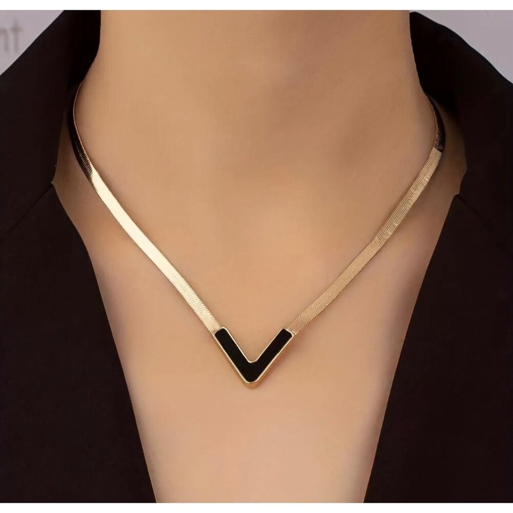 18k Gold Pladed V-Shape Pendant Necklace With Black Enamel Accent